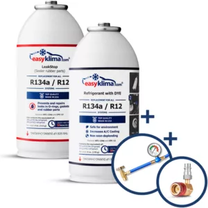 EasyKlima Zestaw + LeakStop (uszczelniacz) R134a + adapter HP/LP do klimatyzacji samochodowej